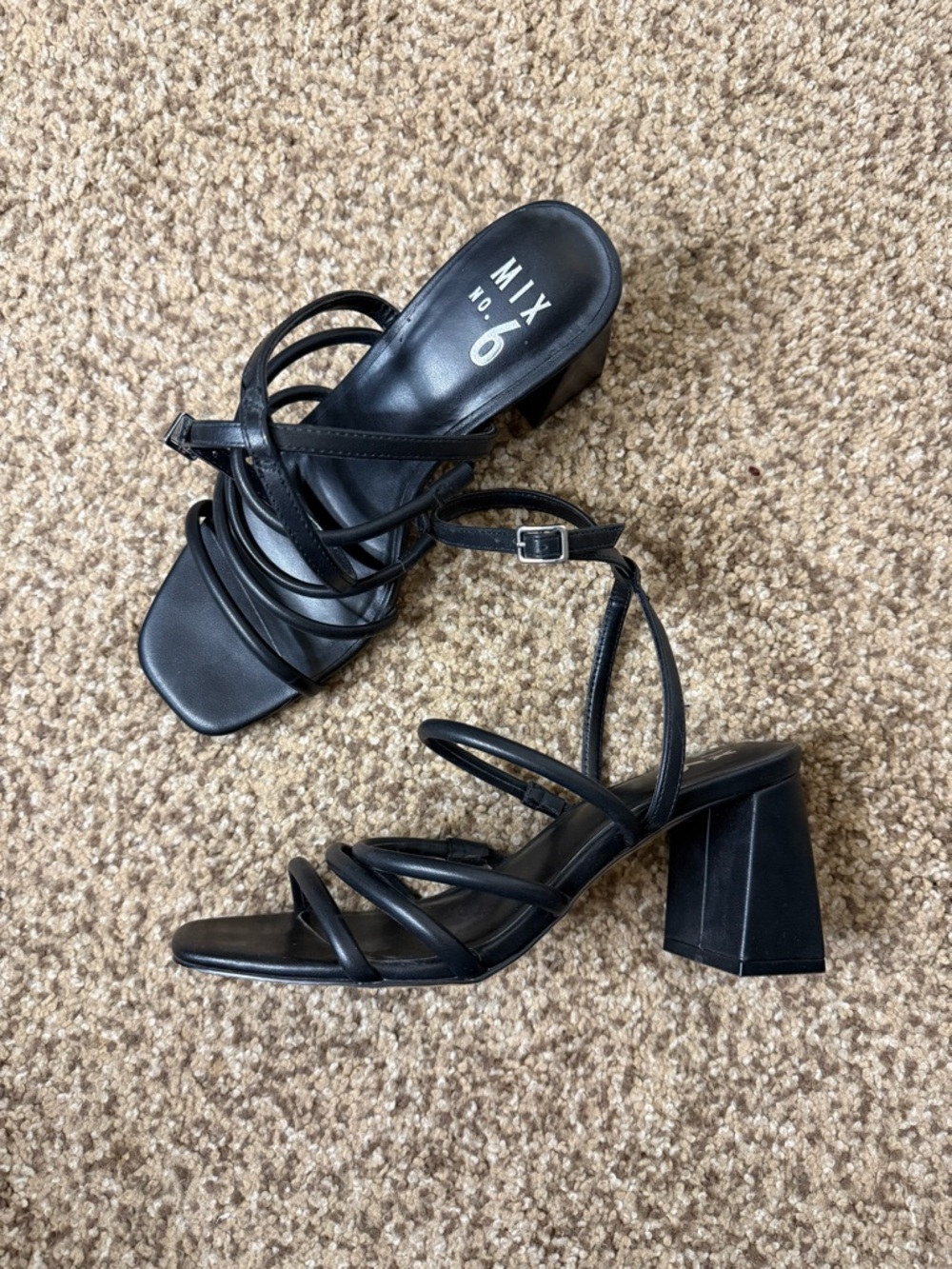 Mix No. 6 Black Strappy Block Heel Sandals with Ankle Buckle